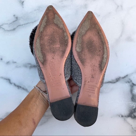 Aquazzura Powder Puff Pompom metallic silver lurex flat mules slippers size 36 - Picture 12 of 16
